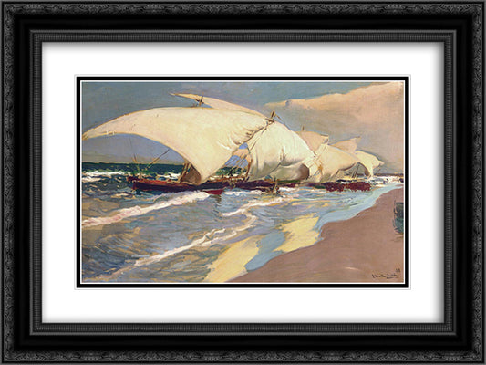 Valencian boats 24x18 Black Ornate Wood Framed Art Print Poster with Double Matting by Sorolla, Joaquin
