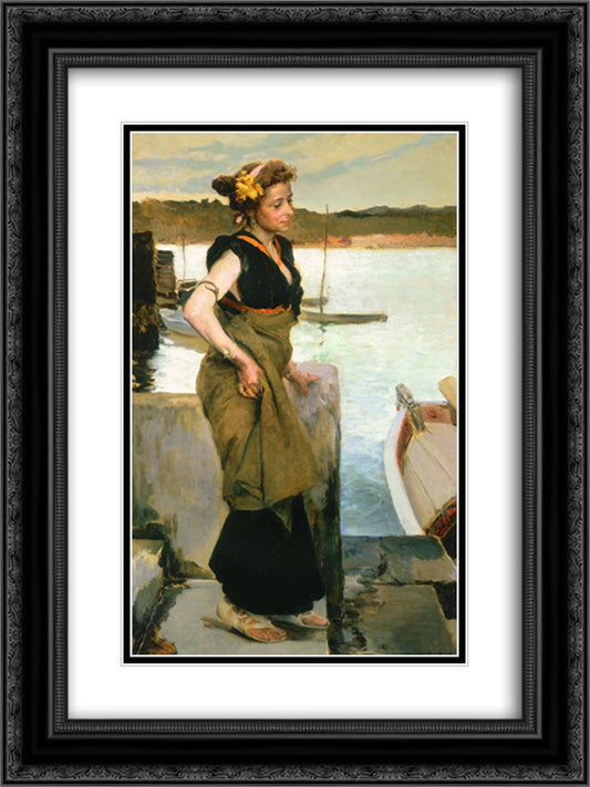 Waiting 18x24 Black Ornate Wood Framed Art Print Poster with Double Matting by Sorolla, Joaquin