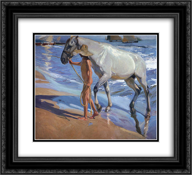 Washing the Horse 22x20 Black Ornate Wood Framed Art Print Poster with Double Matting by Sorolla, Joaquin