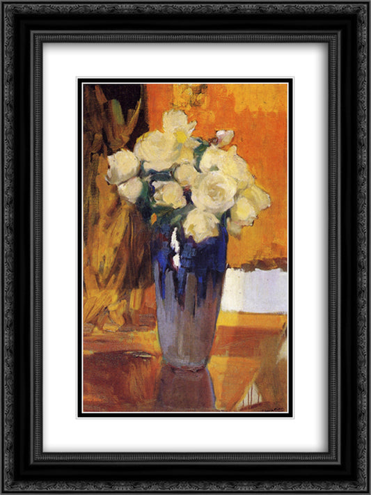 White Roses from the House Garden 18x24 Black Ornate Wood Framed Art Print Poster with Double Matting by Sorolla, Joaquin