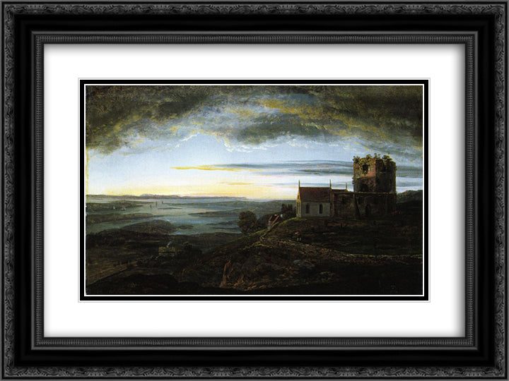 Avaldsnes church 24x18 Black Ornate Wood Framed Art Print Poster with Double Matting by Dahl, Johan Christian