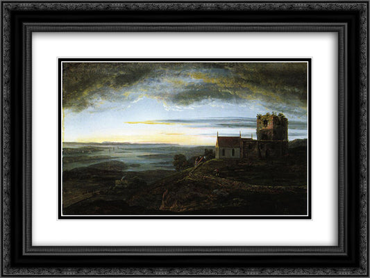 Avaldsnes church 24x18 Black Ornate Wood Framed Art Print Poster with Double Matting by Dahl, Johan Christian