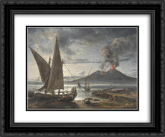 Boats on the Beach Near Naples 24x20 Black Ornate Wood Framed Art Print Poster with Double Matting by Dahl, Johan Christian