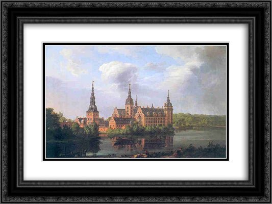 Frederiksborg Castle 24x18 Black Ornate Wood Framed Art Print Poster with Double Matting by Dahl, Johan Christian