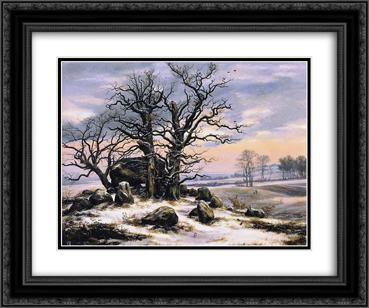 Megalith Grave in Winter 24x20 Black Ornate Wood Framed Art Print Poster with Double Matting by Dahl, Johan Christian