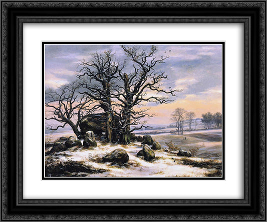 Megalith Grave in Winter 24x20 Black Ornate Wood Framed Art Print Poster with Double Matting by Dahl, Johan Christian
