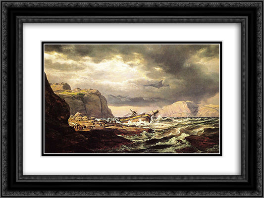 Shipwreck on the Coast of Norway 24x18 Black Ornate Wood Framed Art Print Poster with Double Matting by Dahl, Johan Christian
