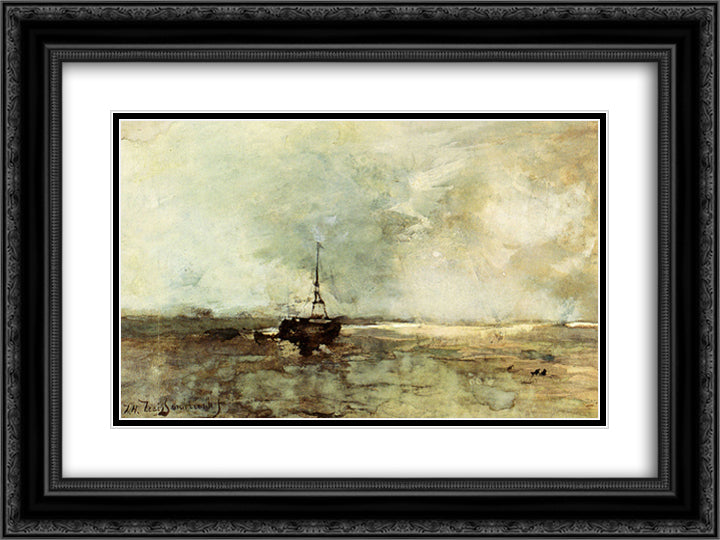 A Bomschuit On The Beach 24x18 Black Ornate Wood Framed Art Print Poster with Double Matting by Weissenbruch, Johan Hendrik