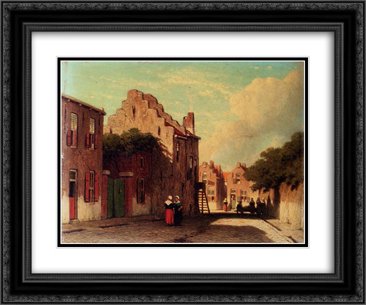 A Sunlit Townview With Figures Conversing 24x20 Black Ornate Wood Framed Art Print Poster with Double Matting by Weissenbruch, Johan Hendrik