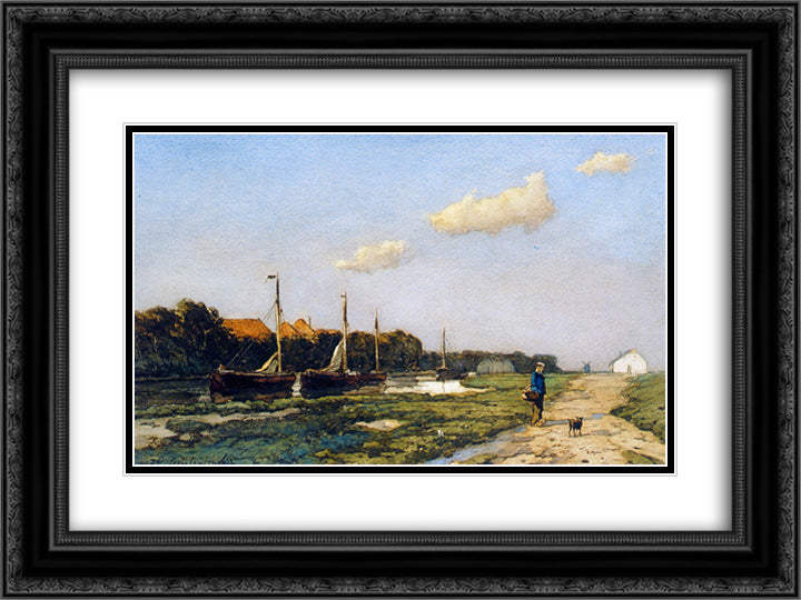 Along the canal 24x18 Black Ornate Wood Framed Art Print Poster with Double Matting by Weissenbruch, Johan Hendrik