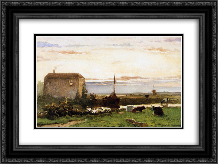 Canal at Rijswijk 24x18 Black Ornate Wood Framed Art Print Poster with Double Matting by Weissenbruch, Johan Hendrik
