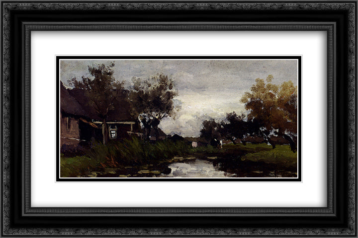Farmhouses On The Waterfront 24x16 Black Ornate Wood Framed Art Print Poster with Double Matting by Weissenbruch, Johan Hendrik