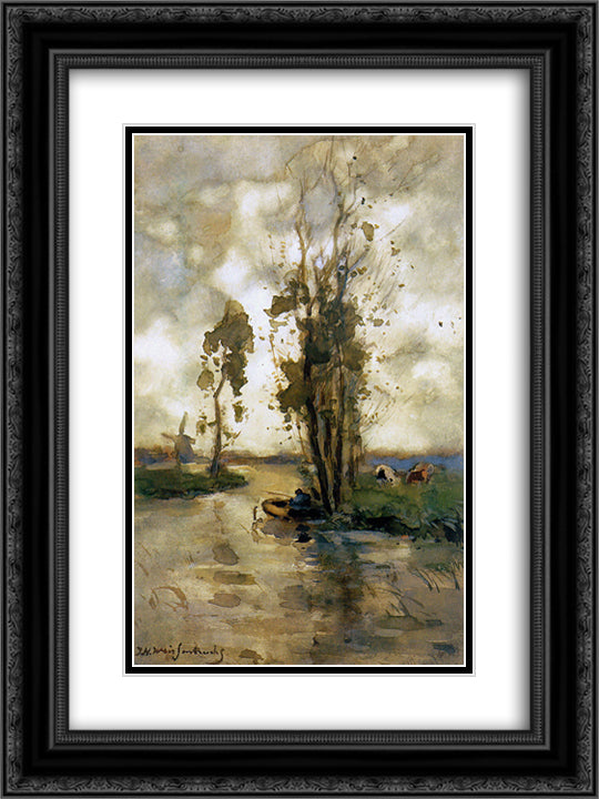 Fisherman in polder landscape 18x24 Black Ornate Wood Framed Art Print Poster with Double Matting by Weissenbruch, Johan Hendrik
