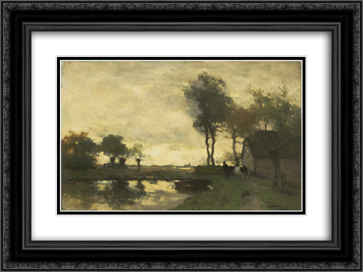 Landscape with a farm pond 24x18 Black Ornate Wood Framed Art Print Poster with Double Matting by Weissenbruch, Johan Hendrik