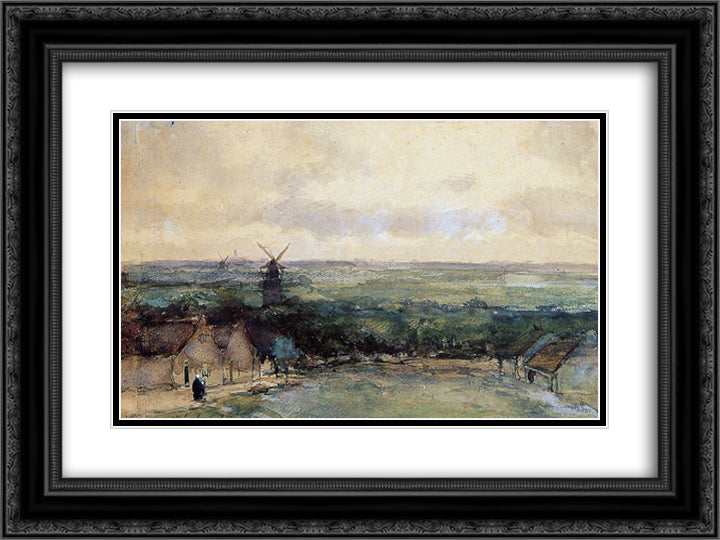 Landscape with mills 24x18 Black Ornate Wood Framed Art Print Poster with Double Matting by Weissenbruch, Johan Hendrik