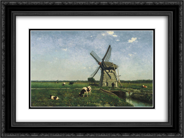 Landscape with windmill near Schiedam 24x18 Black Ornate Wood Framed Art Print Poster with Double Matting by Weissenbruch, Johan Hendrik