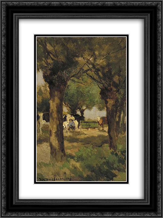 Milking cows underneath the willows 18x24 Black Ornate Wood Framed Art Print Poster with Double Matting by Weissenbruch, Johan Hendrik