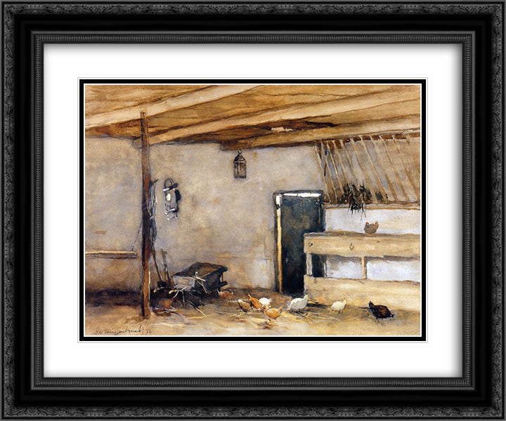 Stable with chickens 24x20 Black Ornate Wood Framed Art Print Poster with Double Matting by Weissenbruch, Johan Hendrik