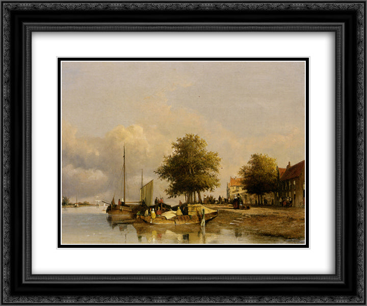 Townsfolk on a quay, Wijk Bij Duursrede 24x20 Black Ornate Wood Framed Art Print Poster with Double Matting by Weissenbruch, Johan Hendrik