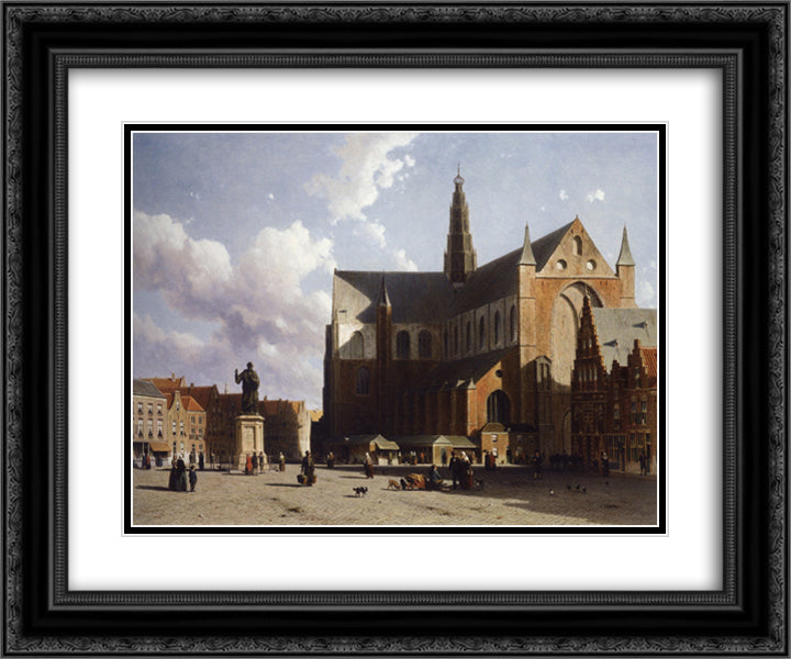 View on the market of Haarlem Sun 24x20 Black Ornate Wood Framed Art Print Poster with Double Matting by Weissenbruch, Johan Hendrik