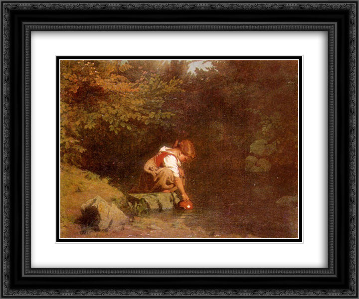 Girl at the Spring 24x20 Black Ornate Wood Framed Art Print Poster with Double Matting by Koler, Johann