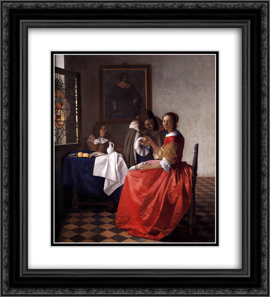 A Lady and Two Gentlemen 20x22 Black Ornate Wood Framed Art Print Poster with Double Matting by Vermeer, Johannes