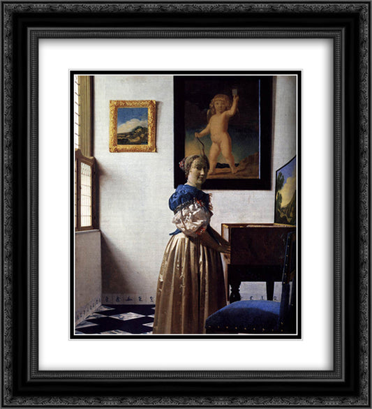 A Lady Standing at a Virginal 20x22 Black Ornate Wood Framed Art Print Poster with Double Matting by Vermeer, Johannes