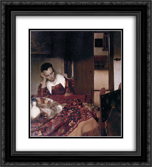 A maid asleep 20x22 Black Ornate Wood Framed Art Print Poster with Double Matting by Vermeer, Johannes