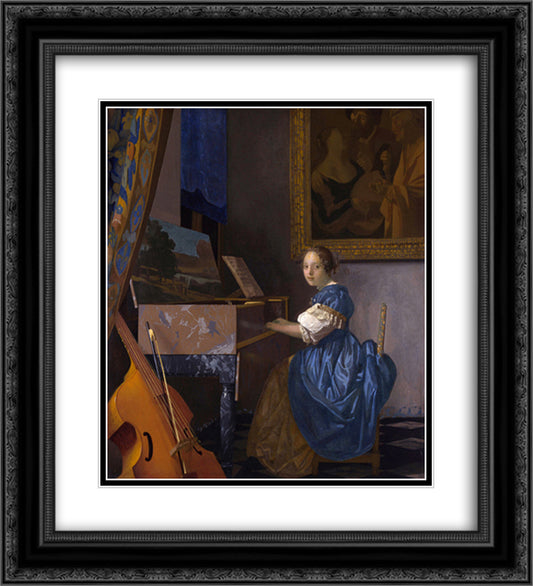 A young woman seated at a virginal (A Lady Seated at a Virginal) 20x22 Black Ornate Wood Framed Art Print Poster with Double Matting by Vermeer, Johannes