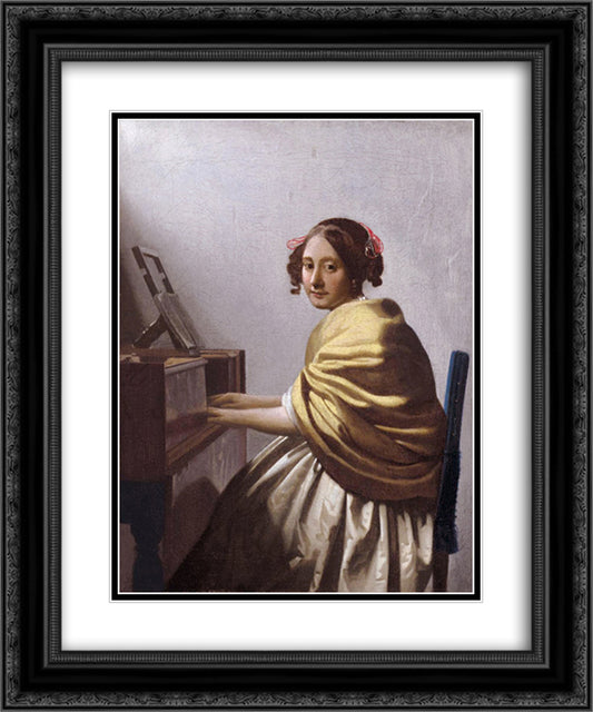 A young woman seated at the virginals (A young woman seated at the virginal) 20x24 Black Ornate Wood Framed Art Print Poster with Double Matting by Vermeer, Johannes