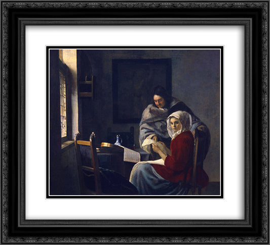 Girl interrupted at her music 22x20 Black Ornate Wood Framed Art Print Poster with Double Matting by Vermeer, Johannes