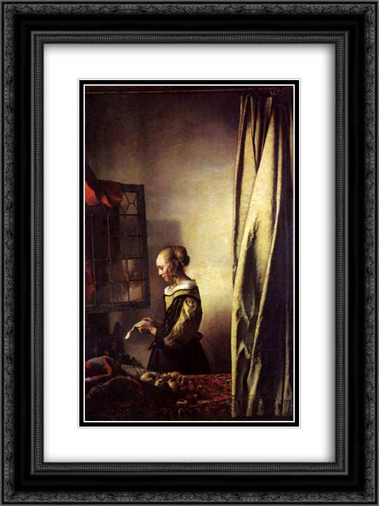 Girl Reading a Letter at an Open Window 18x24 Black Ornate Wood Framed Art Print Poster with Double Matting by Vermeer, Johannes