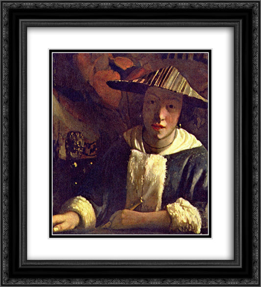 Girl with a Flute 20x22 Black Ornate Wood Framed Art Print Poster with Double Matting by Vermeer, Johannes