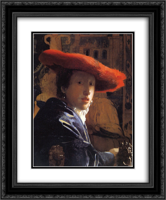 Girl with the red hat 20x24 Black Ornate Wood Framed Art Print Poster with Double Matting by Vermeer, Johannes