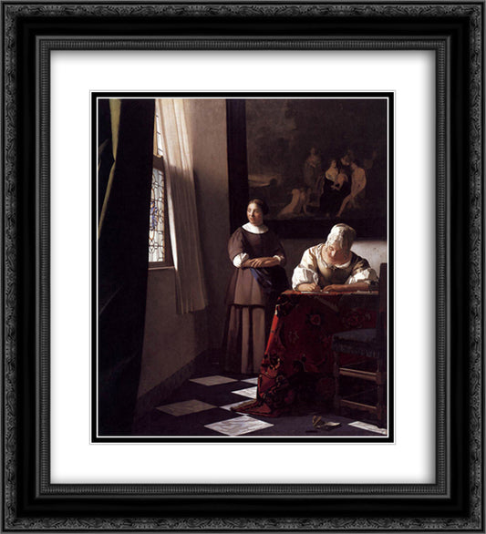 Lady Writing a Letter with Her Maid 20x22 Black Ornate Wood Framed Art Print Poster with Double Matting by Vermeer, Johannes