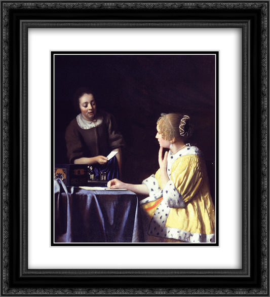 Mistress and Maid (Lady with Her Maidservant Holding a Letter ) 20x22 Black Ornate Wood Framed Art Print Poster with Double Matting by Vermeer, Johannes