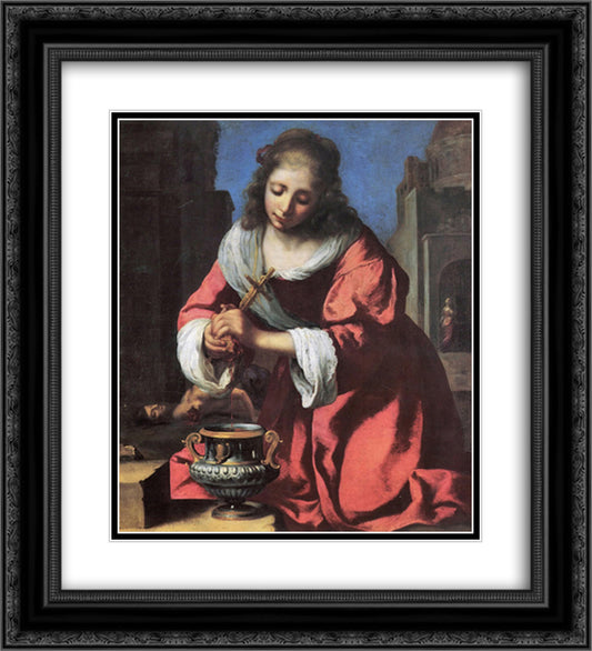 Saint Praxedis 20x22 Black Ornate Wood Framed Art Print Poster with Double Matting by Vermeer, Johannes