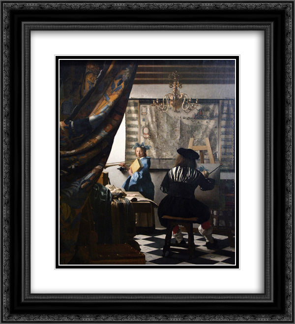 The Art of Painting 20x22 Black Ornate Wood Framed Art Print Poster with Double Matting by Vermeer, Johannes