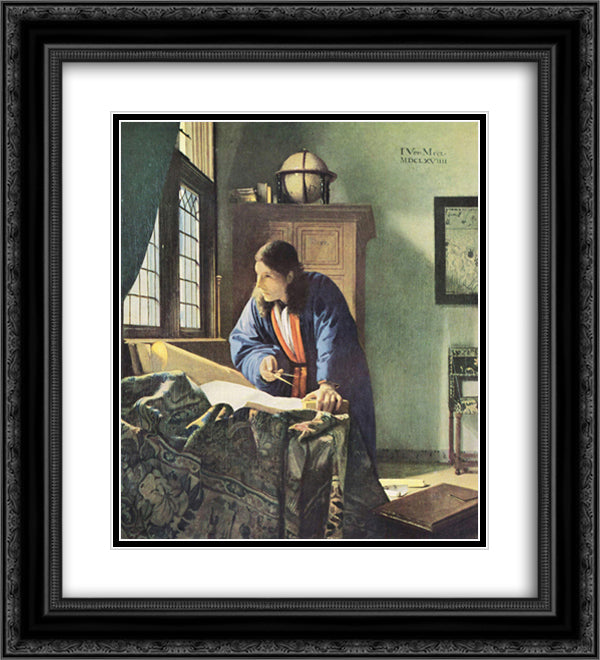 The Geographer 20x22 Black Ornate Wood Framed Art Print Poster with Double Matting by Vermeer, Johannes