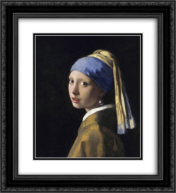 The Girl with a Pearl Earring 20x22 Black Ornate Wood Framed Art Print Poster with Double Matting by Vermeer, Johannes