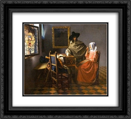 The glass of wine 22x20 Black Ornate Wood Framed Art Print Poster with Double Matting by Vermeer, Johannes