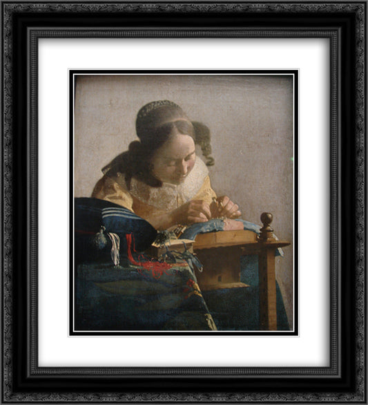 The Lacemaker 20x22 Black Ornate Wood Framed Art Print Poster with Double Matting by Vermeer, Johannes