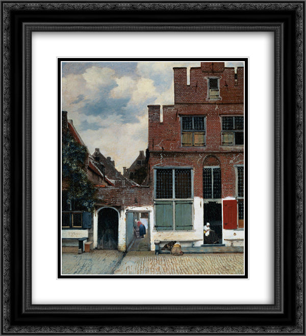 The Little Street 20x22 Black Ornate Wood Framed Art Print Poster with Double Matting by Vermeer, Johannes