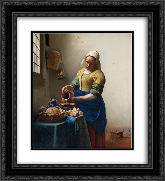 The Milkmaid 20x22 Black Ornate Wood Framed Art Print Poster with Double Matting by Vermeer, Johannes