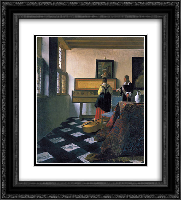 The music lesson 20x22 Black Ornate Wood Framed Art Print Poster with Double Matting by Vermeer, Johannes