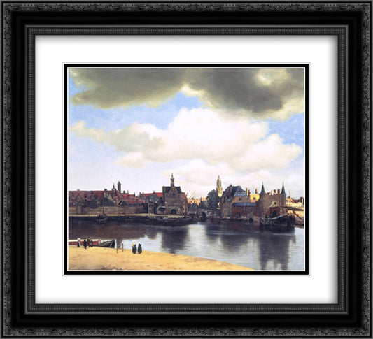 View on Delft 22x20 Black Ornate Wood Framed Art Print Poster with Double Matting by Vermeer, Johannes