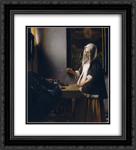 Woman Holding a Balance 20x22 Black Ornate Wood Framed Art Print Poster with Double Matting by Vermeer, Johannes