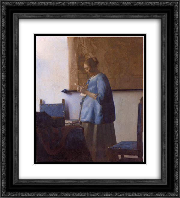 Woman reading a letter (Woman in Blue Reading a Letter) 20x22 Black Ornate Wood Framed Art Print Poster with Double Matting by Vermeer, Johannes