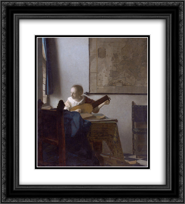 Woman with a lute 20x22 Black Ornate Wood Framed Art Print Poster with Double Matting by Vermeer, Johannes