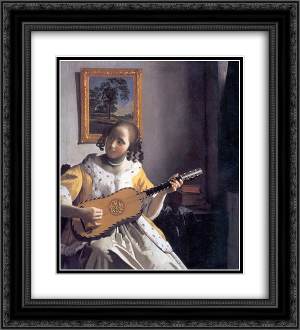 Youg woman playing a guitar 20x22 Black Ornate Wood Framed Art Print Poster with Double Matting by Vermeer, Johannes